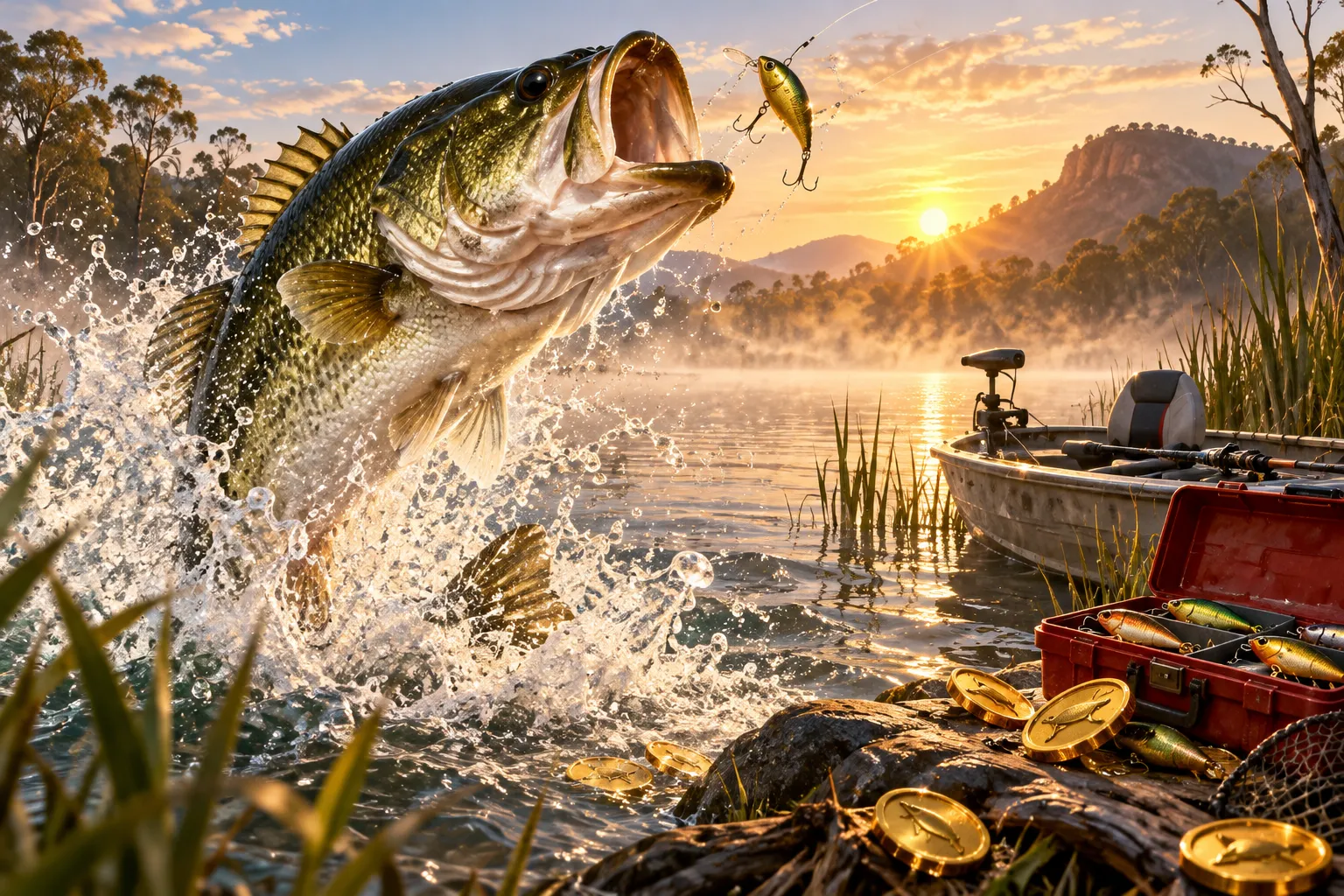 Original editorial art of a giant bass leaping beside a fishing boat at sunrise