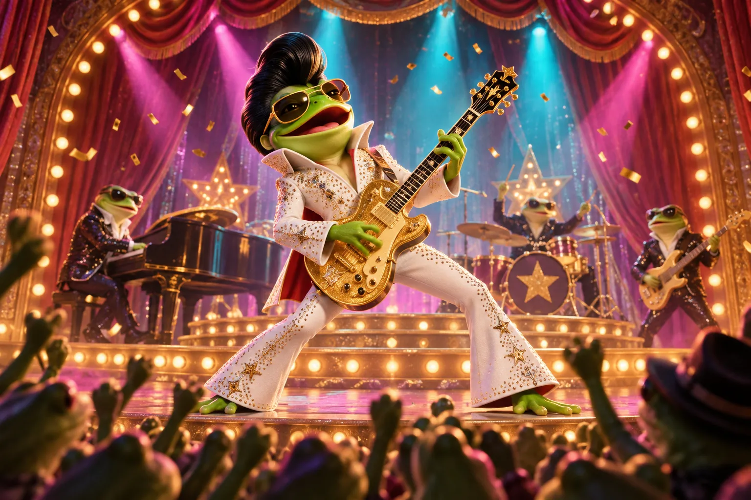 Original editorial art of a glam-rock frog performing under theatre lights