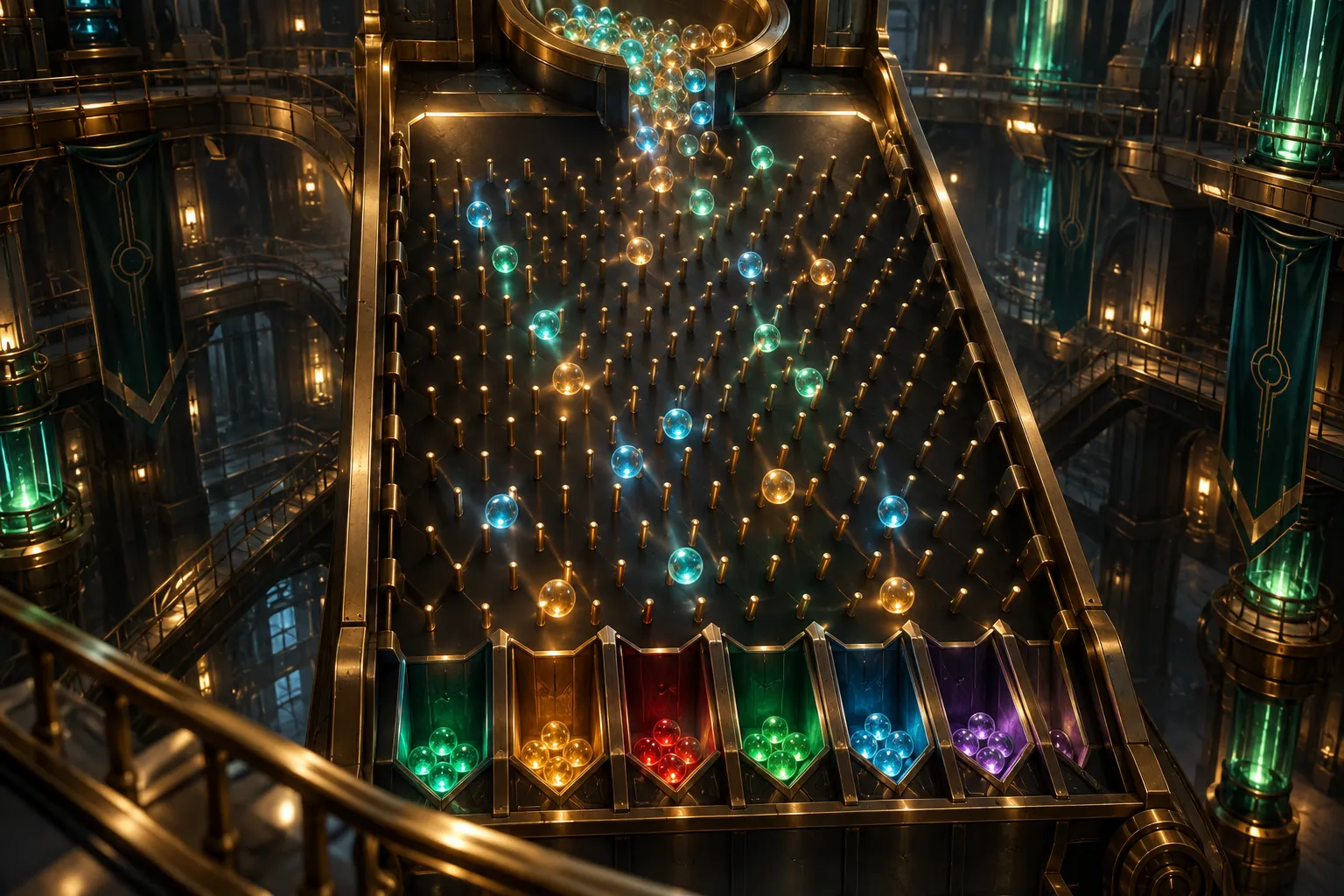 Original editorial art of glowing glass balls falling through a brass pegboard