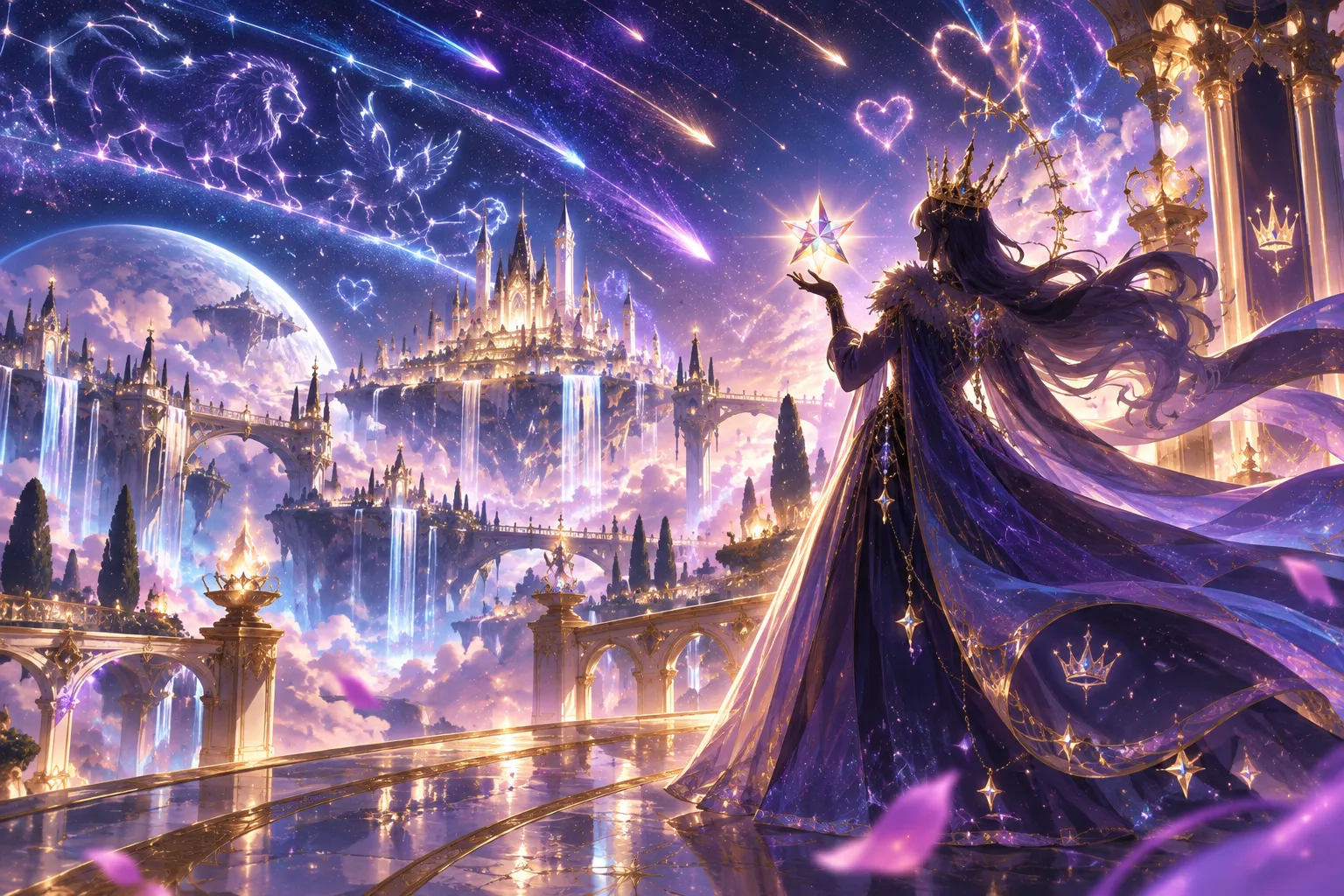 Original editorial art of a cosmic princess silhouette under a meteor shower