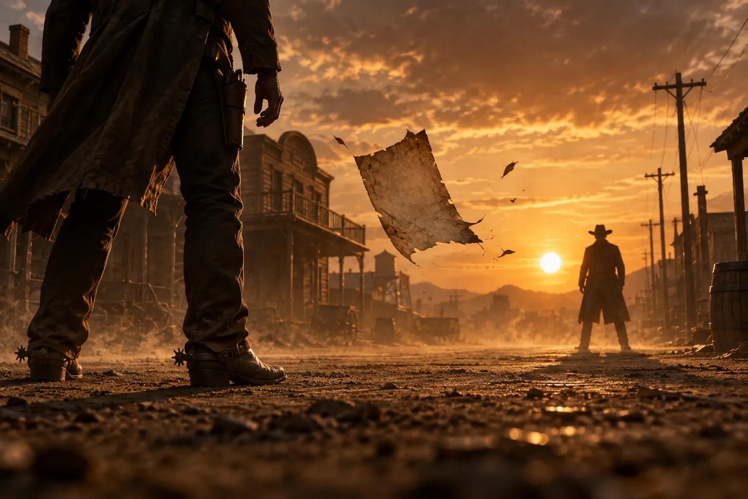Original editorial art of a dusty western standoff at sunset